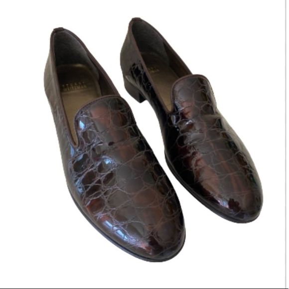 Stuart Weitzman Brown Mock Croc Patent Leather Slip On Loafers Size 7.6 - Picture 1 of 13